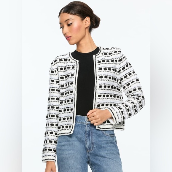 Alice + Olivia Sweaters - Alice + Olivia Marjorie Tweed Ribbon Woven Open Front Cardigan - Size Small